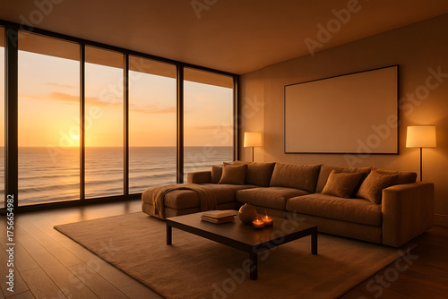 Luxury modern living room with ocean sunset view and fireplace