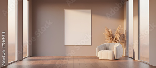 Minimalist coastal corner with wooden chair and blank frame