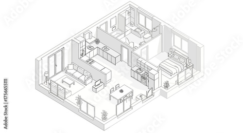 3D floor plan of modern apartment layout with furniture design  