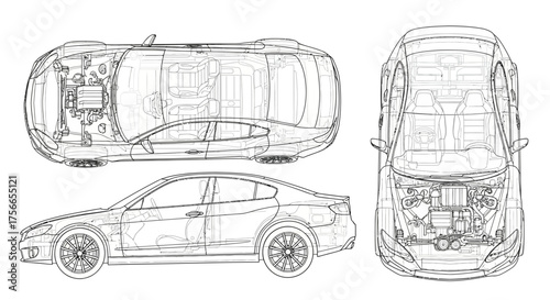 Car blueprint illustration with detailed design and components  