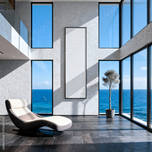 Luxury coastal living room with panoramic ocean views and fireplace