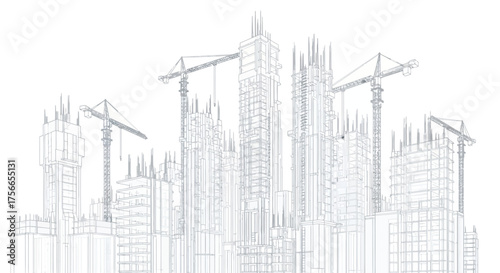Construction site with cranes and building frames in outline style  