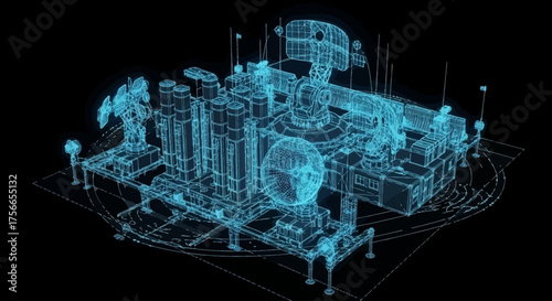 3D wireframe model of futuristic technology and machinery  