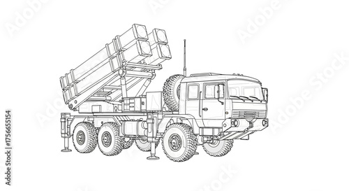 Military truck with missile launcher in technical drawing style  