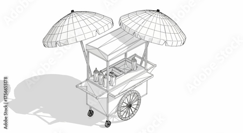 Street food cart with umbrellas in minimalist design  