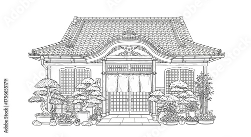 Traditional Japanese house with bonsai plants and garden view  