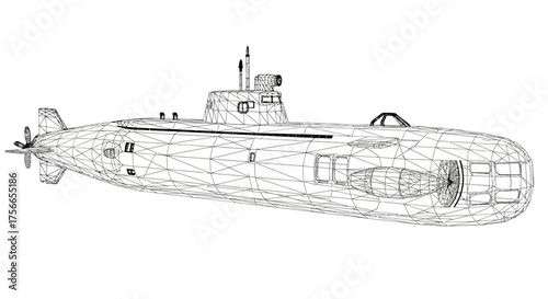 Wireframe illustration of a submarine in technical design style  