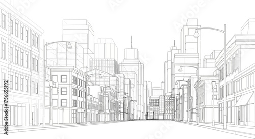 Cityscape outline of urban buildings and streets in blueprint style  