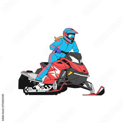 Female snowmobile rider in action on colorful winter vehicle  