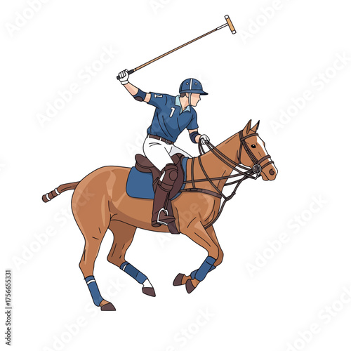 Polo player riding a horse and swinging mallet in action  