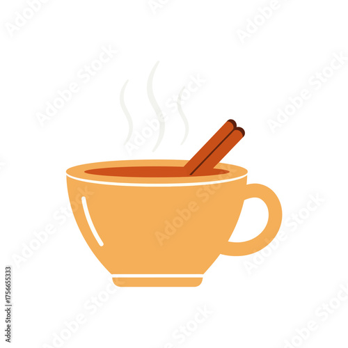 Hot beverage in orange cup with cinnamon stick on white background  