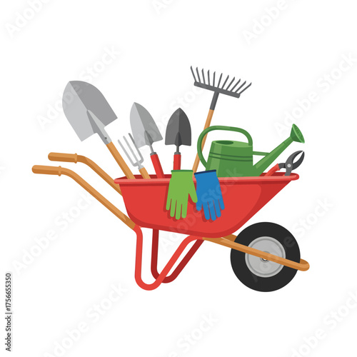 Garden wheelbarrow filled with gardening tools and gloves  