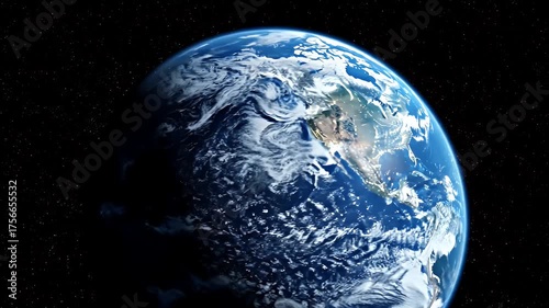Rotating Earth from Space View with City Lights and Starry Background Realistic Render of Planet North America Asia Europe Continent