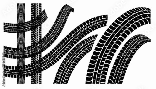 Tire tracks in various patterns on white background  