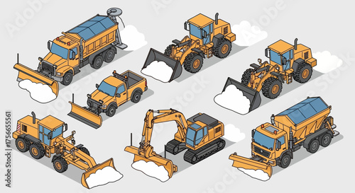Snow removal vehicles in various types and positions on gray background  
