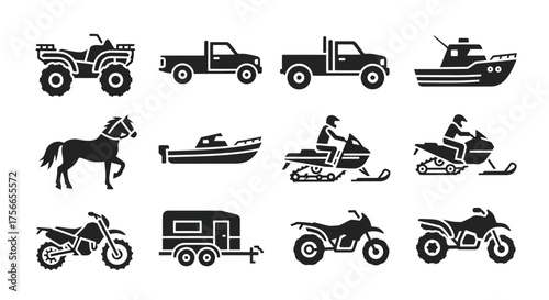 Vehicles and animals illustrated in various outdoor activities  