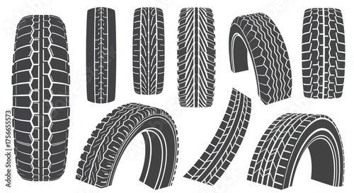Various tire designs showing different tread patterns and shapes  