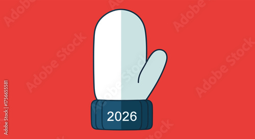 White mitten with 2026 knitted on the cuff symbolizes winter olympics on red backdrop, creating a festive and anticipatory mood.