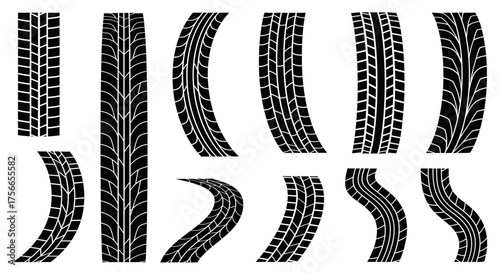 Various tire tread patterns in black silhouette style  