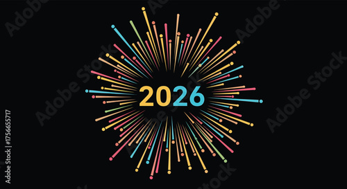 Colorful burst radiates from the year 2026 on a black backdrop, symbolizing future celebrations and vibrant anticipation.