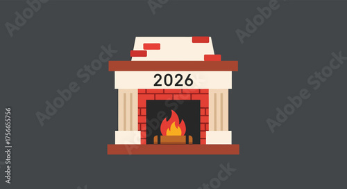 Cozy fireplace with the year 2026 displayed above the mantle, radiating warmth and festive cheer in a minimalist style.