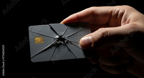 Experiencing financial hardship, a hand holds a shattered credit card symbolizing debt and economic crisis.