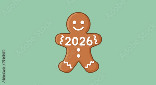 Gingerbread man smiling with the year 2026 on his chest, a festive treat for the upcoming holiday season, evoking a sense of joy and anticipation.
