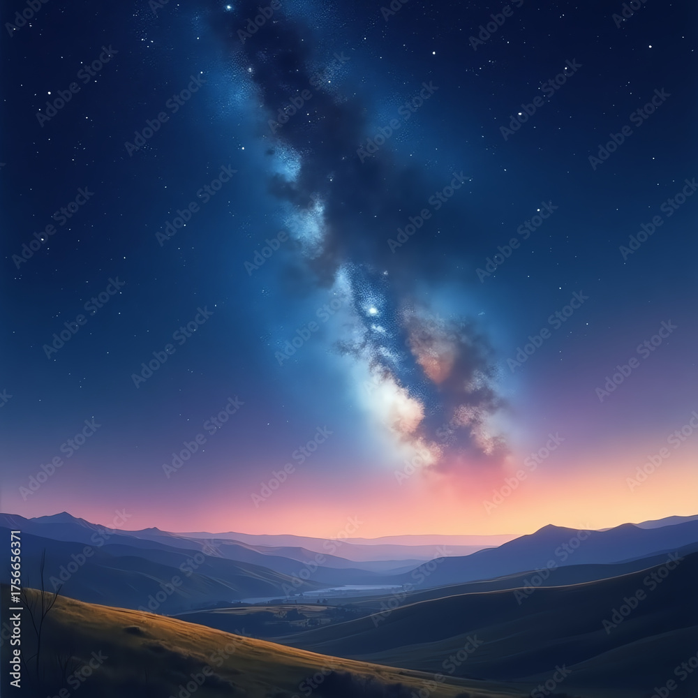 Fototapeta premium Vast galaxy above rolling hills at twilight, a cosmic dreamscape.