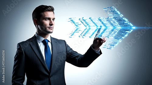 Serious Businessman in Dark Suit and Blue Tie Touching Digital Arrow in Blue and White Background Technology Future Concept