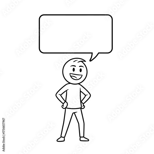 Vector illustration of a stickman character showing a proud and confident expression with arms on hips, featuring an empty speech bubble for customizable text