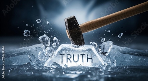 Smashing the ice block labeled 'Truth' with a hammer for a powerful visual metaphor, revealing clarity and honesty in a dramatic, impactful scene