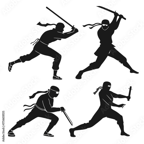 Dynamic silhouettes of four ninjas in action poses with swords and daggers on a white background representing martial arts combat and stealth