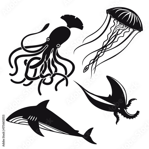 A striking black and white illustration featuring a collection of stylized marine creatures including a shark octopus jellyfish and manta ray