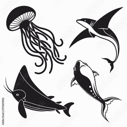 Collection of stylized black silhouette marine animals including a jellyfish shark stingray and fish swimming in the ocean