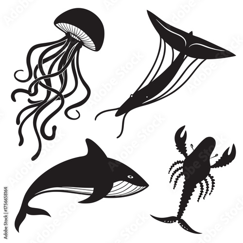 Collection of stylized black silhouettes of marine life including a jellyfish a shrimp a dolphin and a scorpion on a white background