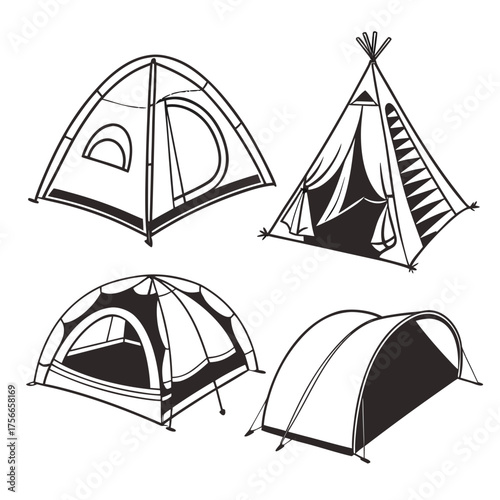 Collection of four diverse camping tents including a dome tent teepee style tent and tunnel tent rendered in a simple black and white line art illustration style