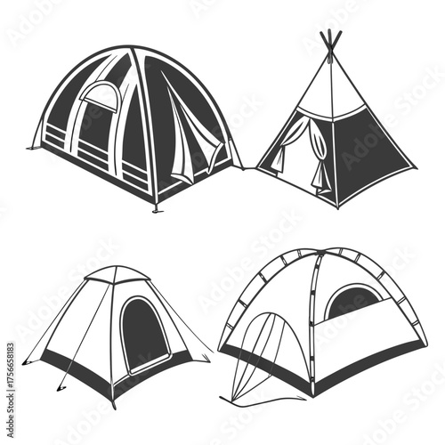 Collection of four different styles of camping tents including a dome tent a teepee tent and two other tent designs depicted in a simple graphic illustration