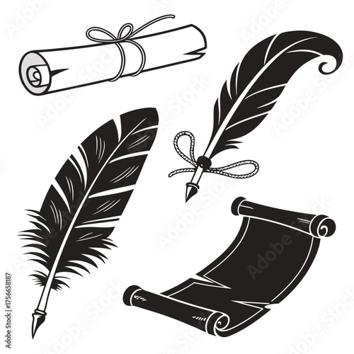 Vintage quill pens and rolled scrolls symbolizing writing education history and the art of calligraphy and literature