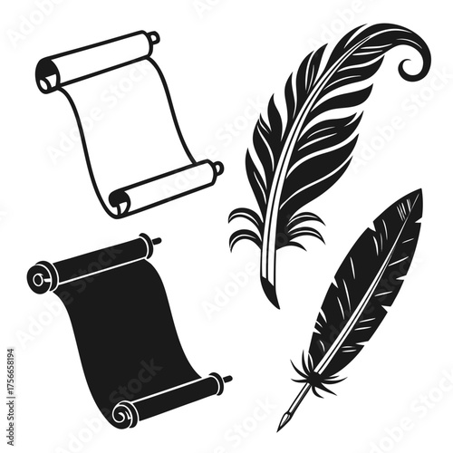 A collection of black silhouette icons featuring two rolled scrolls and two detailed quill pens on a white background representing writing and history