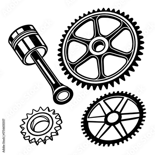 A collection of black and white mechanical components including a piston and three different sized gears isolated on a white background representing engineering and machinery