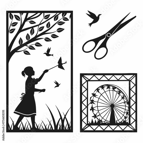 Silhouette of a young girl feeding birds under a tree with a ferris wheel and scissors in separate frames symbolizing freedom and creativity