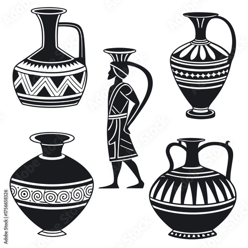 Collection of ancient greek and egyptian style pottery including vases amphorae and a figure carrying a pot on their head