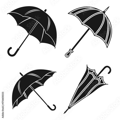 Collection of four black silhouette illustrations of umbrellas in different open and closed positions against a white background