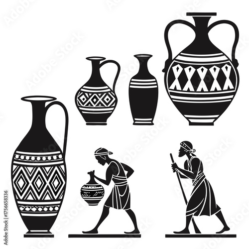 Ancient egyptian silhouettes of people carrying pottery and decorative vases with geometric patterns on a white background