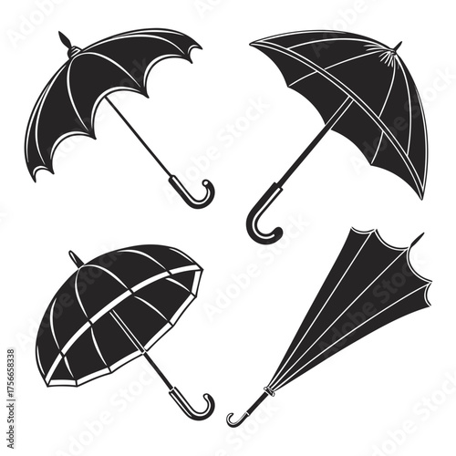 Collection of black silhouette umbrellas in various open and closed positions against a white background for design elements