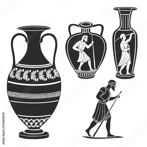 Ancient greek black silhouette pottery featuring amphora vases and figures in classical style with decorative patterns and scenes of men with staffs