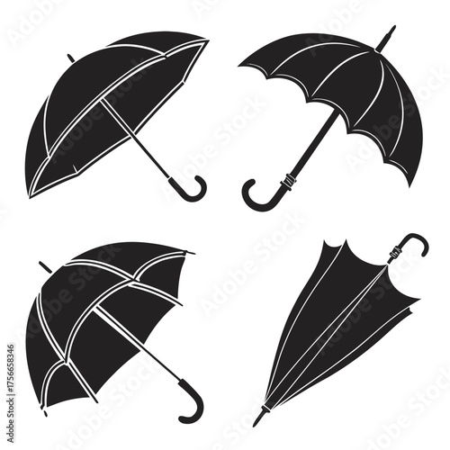 Collection of four black silhouette umbrellas in different open and closed positions on a white background