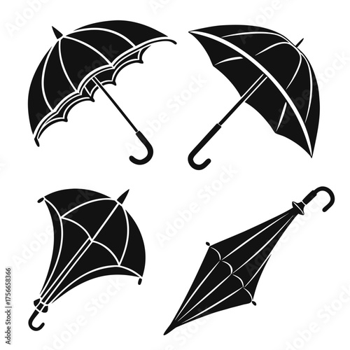 Collection of four black silhouette umbrellas in different open and closed positions against a white background