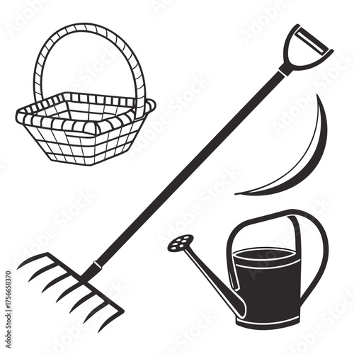 A collection of gardening tools including a rake watering can basket and a crescent shaped leaf or blade on a white background