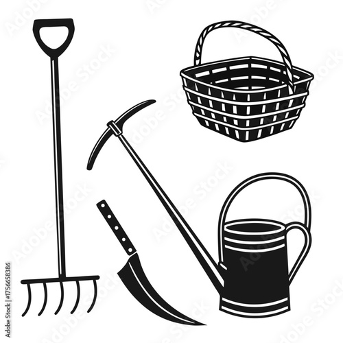 Collection of black silhouette garden tools including a rake a pickaxe a sickle a watering can and a basket on a white background